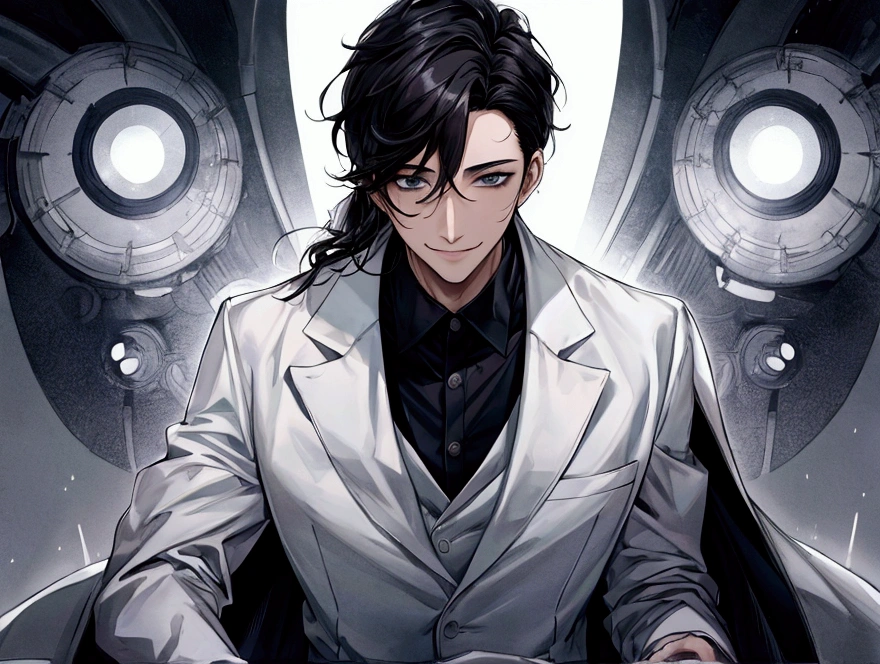masterpiece,Dynamic Angle,Face close-up,masterpiece,30 year old mature male doctor,Horny,smile,One person、excited,transformation,Black Hair,Slightly longer hair, Scientist,Wear a white coat as a doctor's outfit,(White Undershirt 1.5),The background is the laboratory.,