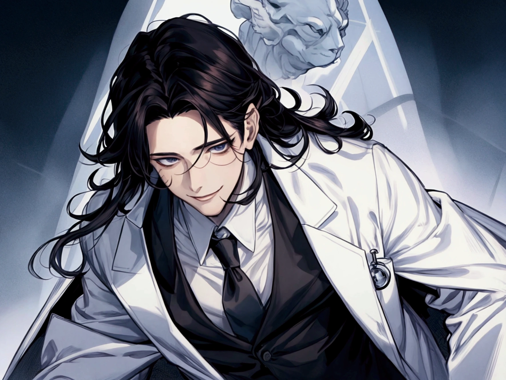masterpiece,Dynamic Angle,Face close-up,masterpiece,30 year old mature male doctor，Horny,smile,One person、excited,transformation,Black Hair,Slightly longer hair, Scientist,Wear a white coat as a doctor&#39;s outfit，（White Undershirt 1.5）,The background is the laboratory.,