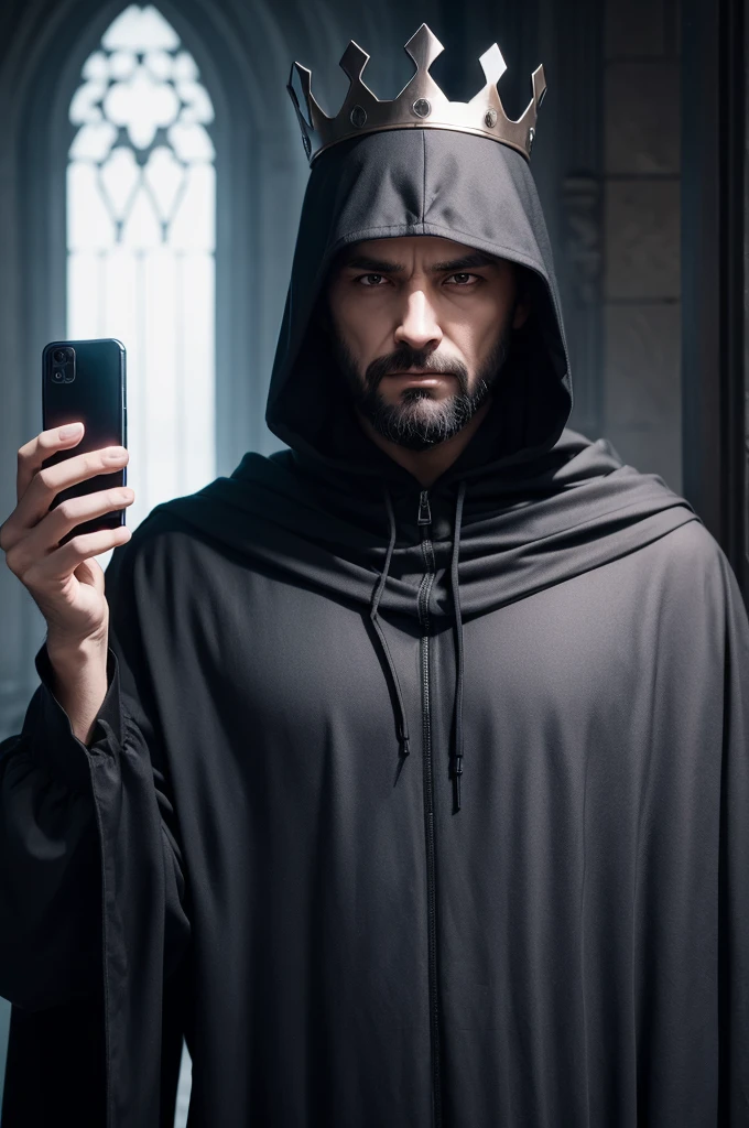 naughty man, serious, tenebrosa, wearing hood, ombre, crown on head, cell phone in hand