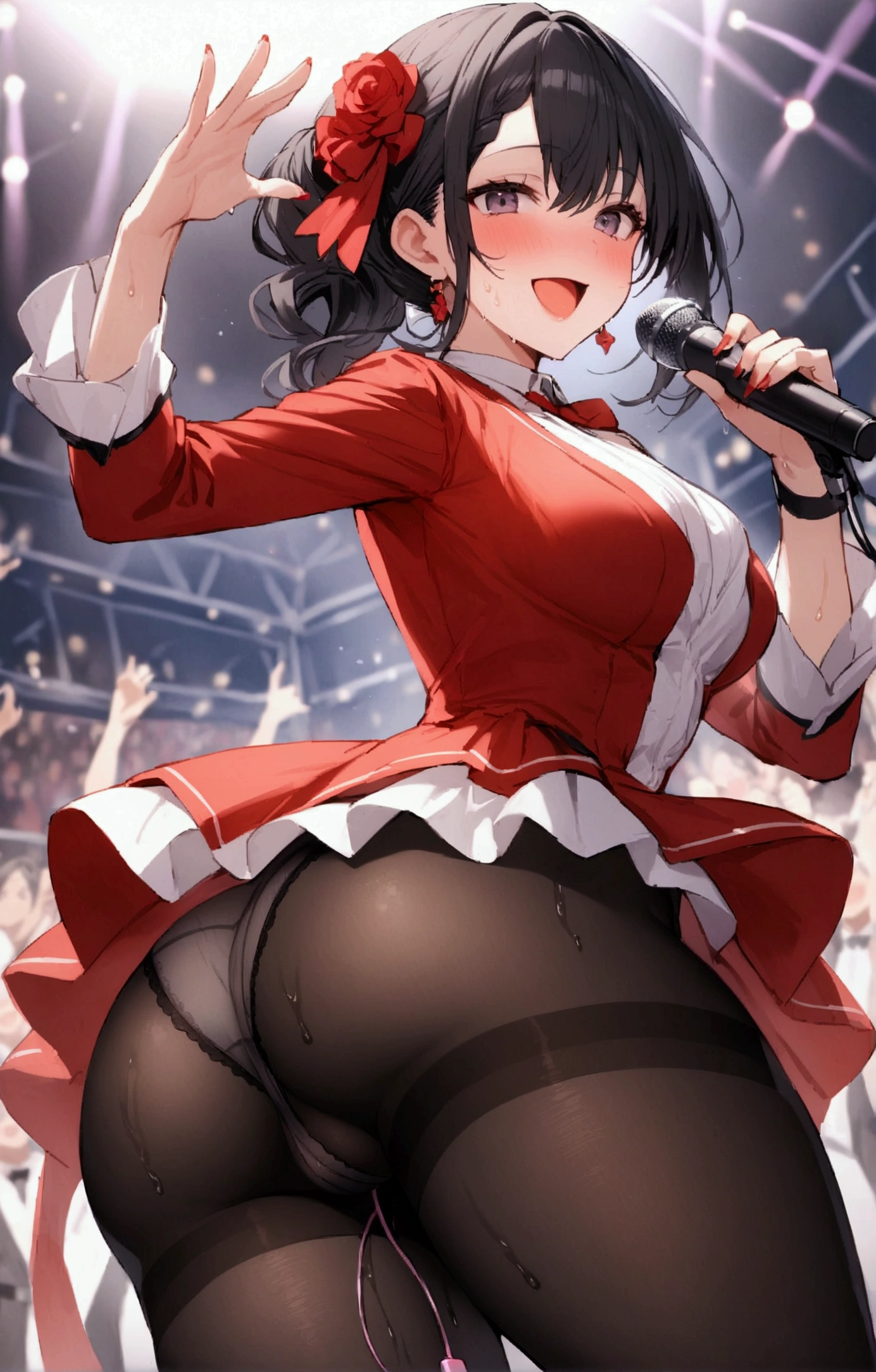 One Woman、Idol、Idolの服装、AKB's clothing、Live Performance Venues、Large crowd、beautiful girl, Highest quality,Cover the screen with your butt, smile, Black Pantyhose, panties under pantyhose、Thick thighs、Big 、Big Ass、Black Hair、Sweaty pantyhose、Angle from directly below、Sweaty crotch、Intense dancing、dance、Microphone in one hand、A vibrator in one hand、Orgasmic face、Face of ecstasy