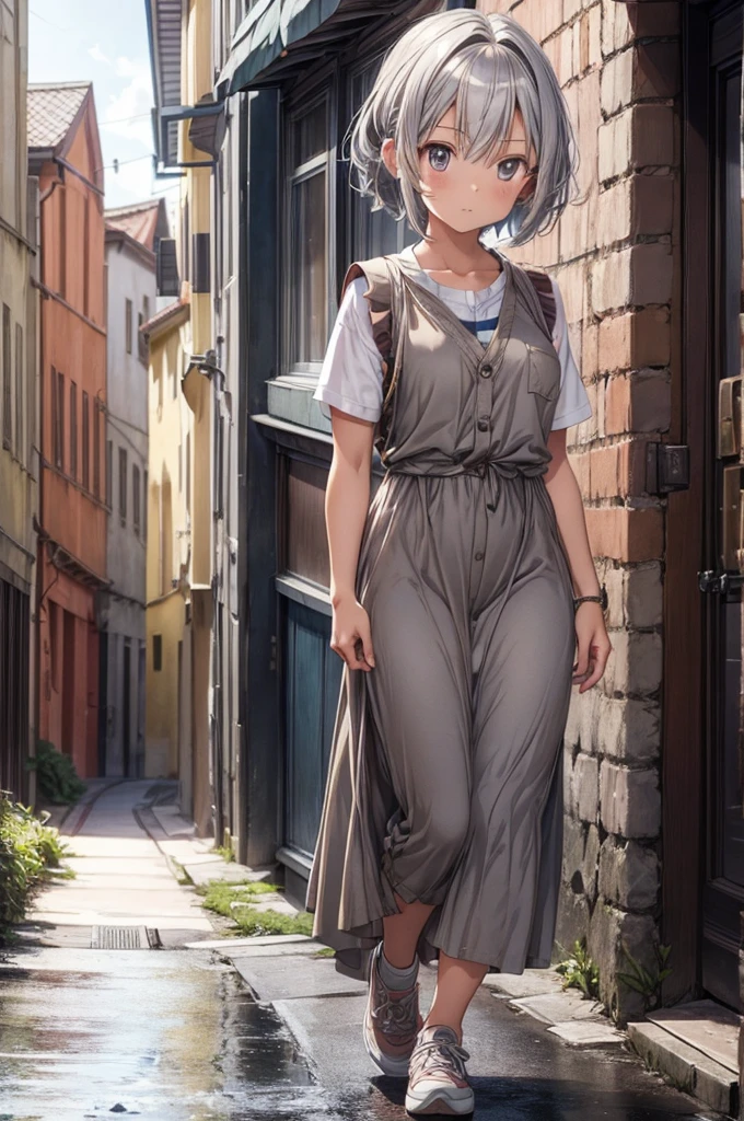 "1girl, (anime coloring:1.2), anime scene, short hair, silver hair, Maxi dress, Light brown color, vest, Cheap clothes, Simple shoes, standing, Medieval town, full body,"