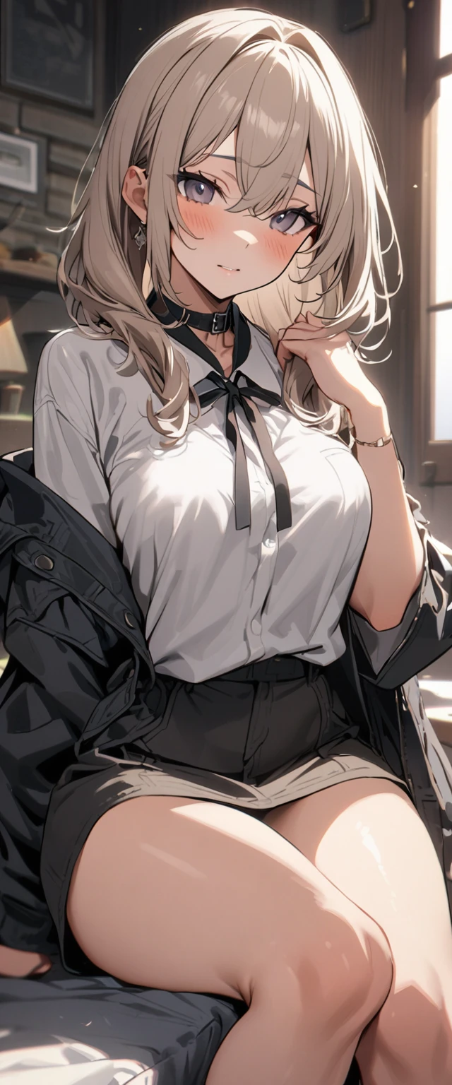 bra visible through clothes, 1girl, breasts,  solo, underwear, blond hair, bangs, long hair, purple bra, blush, see-through, white shirt, dark skin, dark-skinned female, see-through shirt,tight pleated skirt,sit on a chair