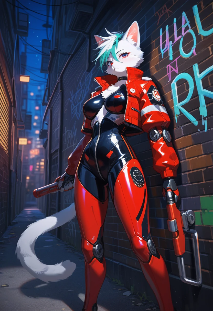 animation, Highest quality, Highest quality, High quality illustrations, masterpiece, Ultra-high resolution, Detailed Background, Alley, night, Graffiti art on the wall, Absurd, Perfect Anatomy, performance, Good lighting, Shadows in the movies(kemono, Furry PersonifiCation), Cat, woman, White Skin, Red Rubber Suit, latex, neon, neonライト, neonカラー, Bodysuits, Cyber Suit, Mech Suit, Rubber Half Jacket, cyber punk, Blade Runner, Holding a blade