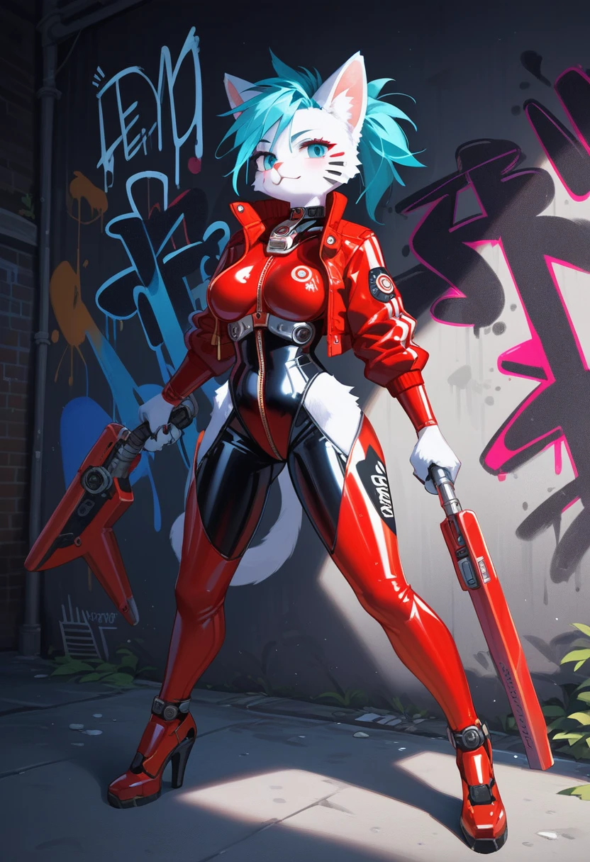 animation, Highest quality, Highest quality, High quality illustrations, masterpiece, Ultra-high resolution, Detailed Background, Alley, night, Graffiti art on the wall, Absurd, Perfect Anatomy, performance, Good lighting, Shadows in the movies(kemono, Furry PersonifiCation), Cat, woman, White Skin, Red Rubber Suit, latex, neon, neonライト, neonカラー, Bodysuits, Cyber Suit, Mech Suit, Rubber Half Jacket, cyber punk, Blade Runner, Holding a blade