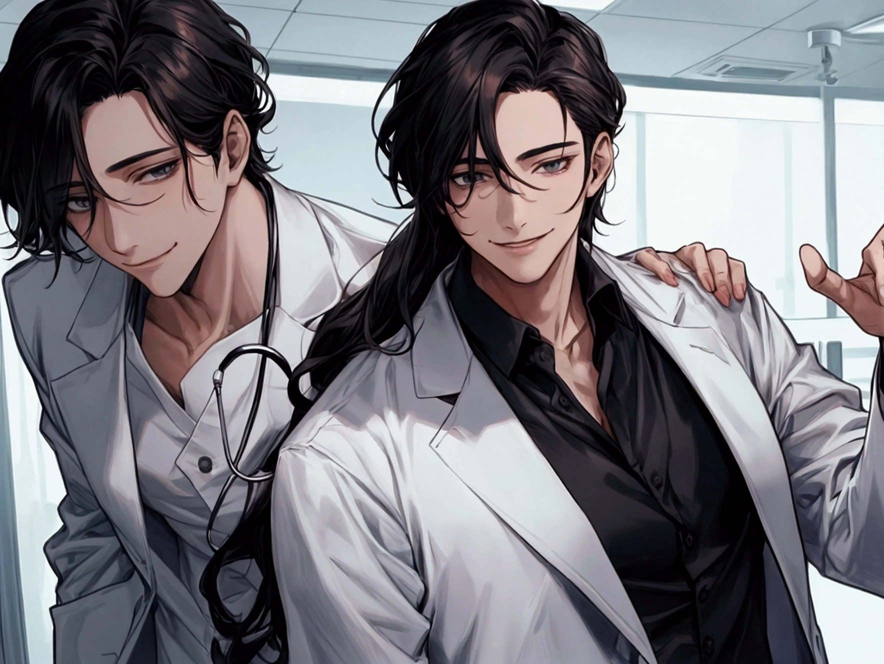 masterpiece,Dynamic Angle,Face close-up,masterpiece,30 year old mature male doctor，Horny,smile,One person、excited,transformation,Black Hair,Slightly longer hair, Scientist,Wear a white coat as a doctor&#39;s outfit，（White Undershirt 1.5）,The background is the laboratory.,