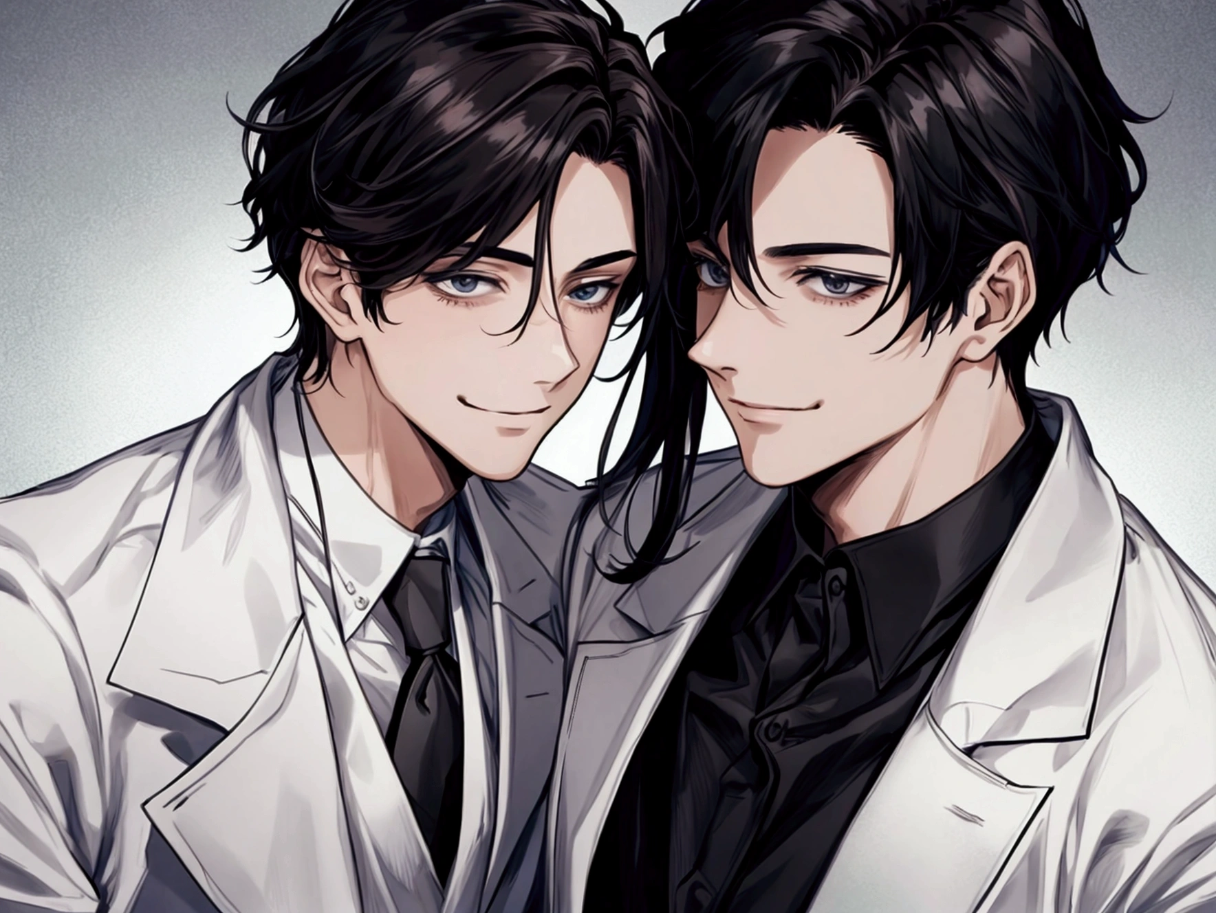 masterpiece,Dynamic Angle,Face close-up,masterpiece,30 year old mature male doctor，Horny,smile,One person、excited,transformation,Black Hair,Slightly longer hair, Scientist,Wear a white coat as a doctor&#39;s outfit，（White Undershirt 1.5）,The background is the laboratory.,