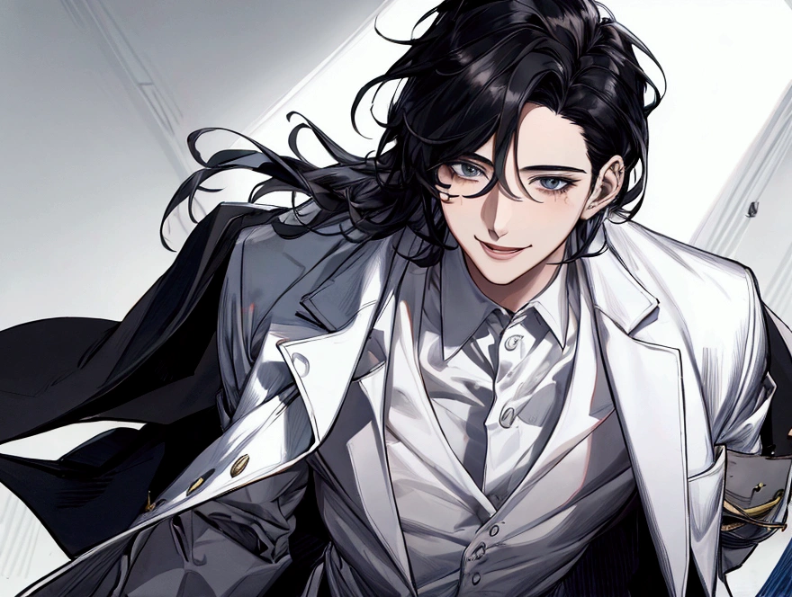 masterpiece,Dynamic Angle,Face close-up,masterpiece,30 year old mature male doctor,Horny,smile,One person、excited,transformation,Black Hair,Slightly longer hair, Scientist,Wear a white coat as a doctor's outfit,(White Undershirt 1.5),The background is the laboratory.,