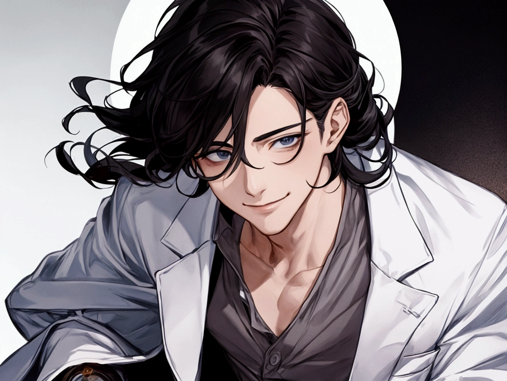 masterpiece,Dynamic Angle,Face close-up,masterpiece,30 year old mature male doctor，Horny,smile,One person、excited,transformation,Black Hair,Slightly longer hair, Scientist,Wear a white coat as a doctor&#39;s outfit，（White Undershirt 1.5）,The background is the laboratory.,