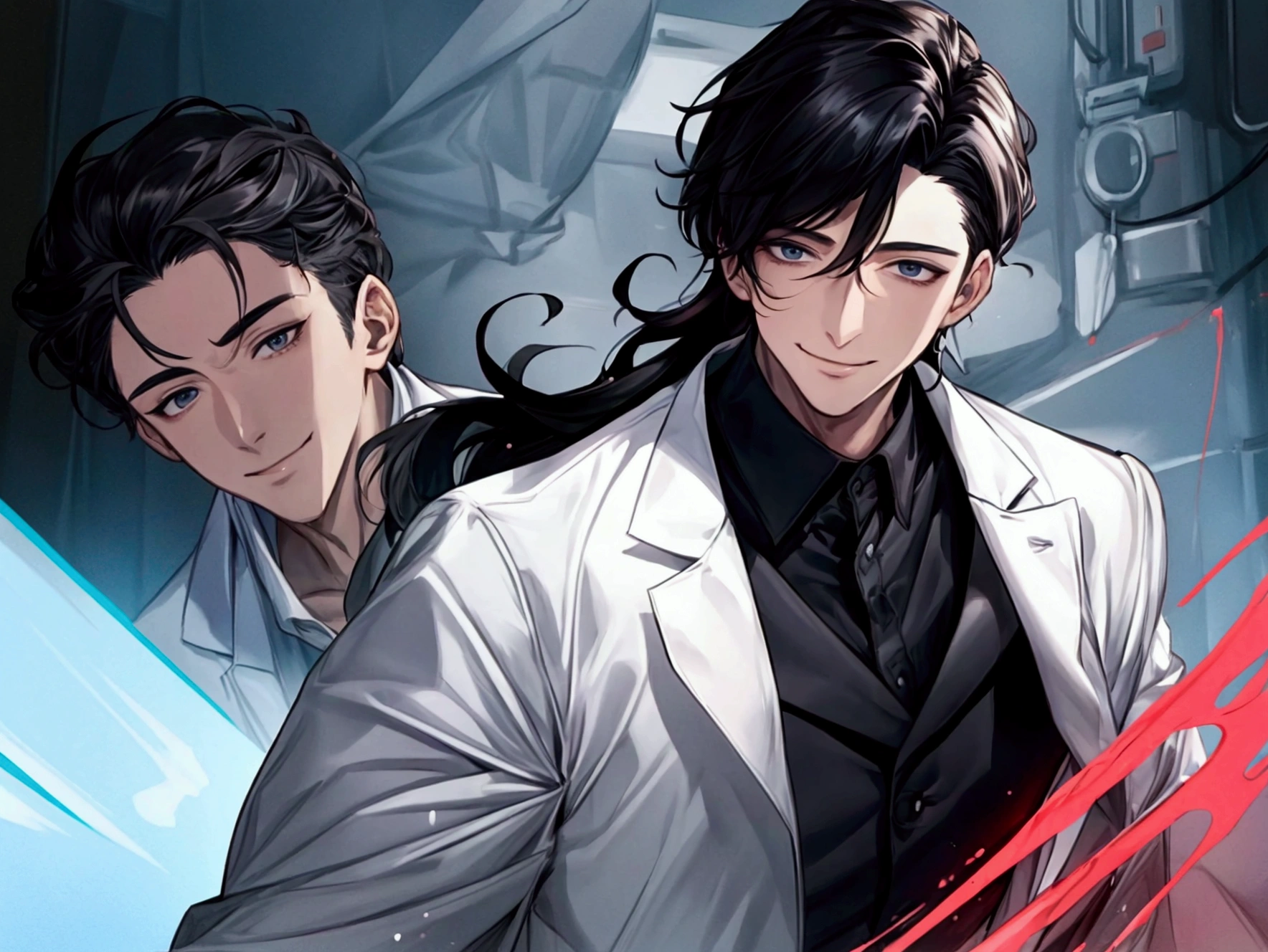 masterpiece,Dynamic Angle,Face close-up,masterpiece,30 year old mature male doctor，Horny,smile,One person、excited,transformation,Black Hair,Slightly longer hair, Scientist,Wear a white coat as a doctor&#39;s outfit，（White Undershirt 1.5）,The background is the laboratory.,