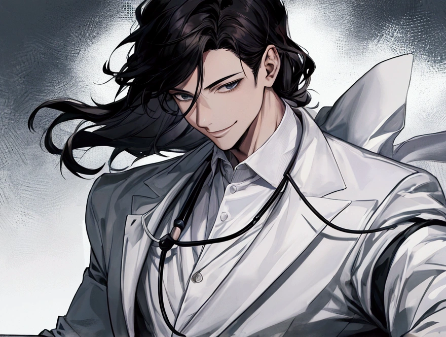 masterpiece,Dynamic Angle,Face close-up,masterpiece,30 year old mature male doctor，Horny,smile,One person、excited,transformation,Black Hair,Slightly longer hair, Scientist,Wear a white coat as a doctor&#39;s outfit，（White Undershirt 1.5）,The background is the laboratory.,