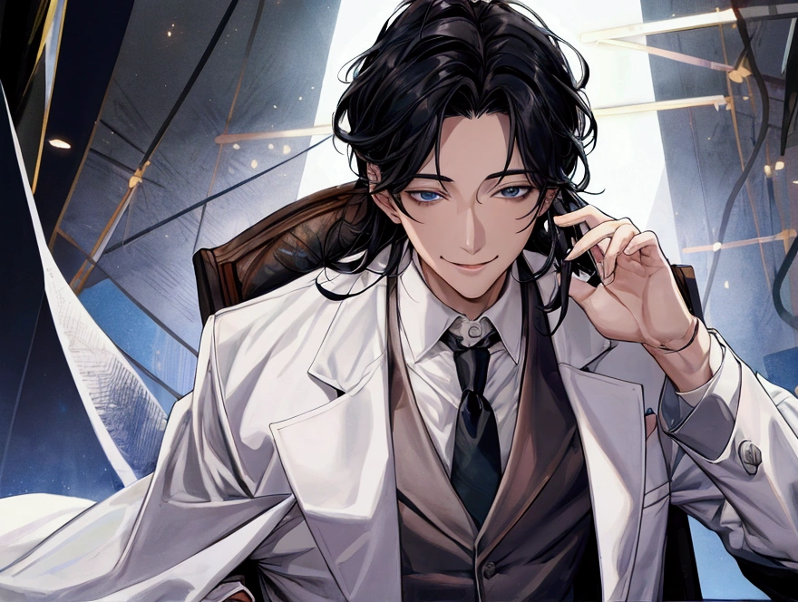 masterpiece,Dynamic Angle,Face close-up,masterpiece,30 year old mature male doctor，Horny,smile,One person、excited,transformation,Black Hair,Slightly longer hair, Scientist,Wear a white coat as a doctor&#39;s outfit，（White Undershirt 1.5）,The background is the laboratory.,