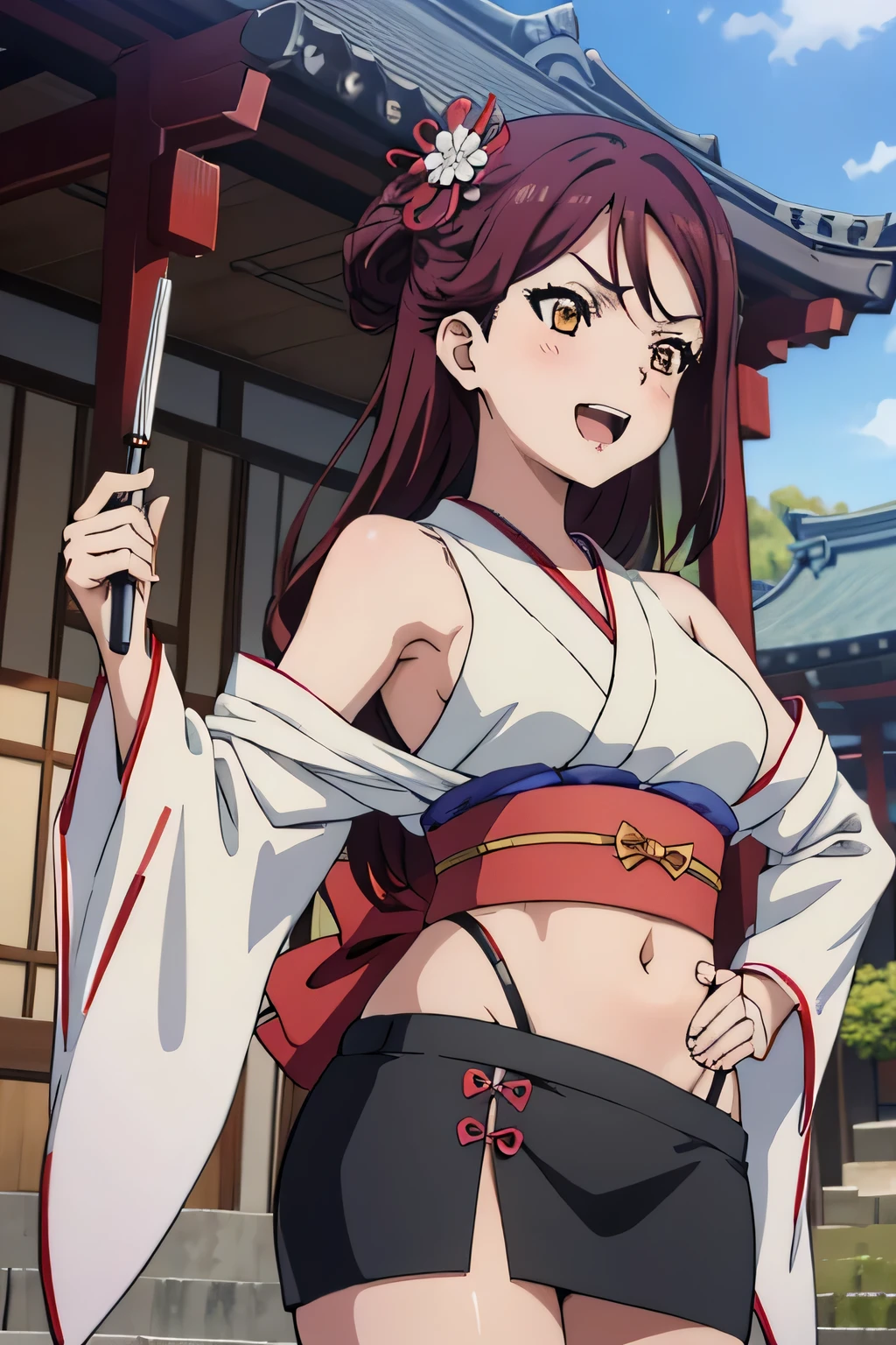 1girl, riko sakurauchi, blush, lipstick, large breast, Hot girl, baddie, staring, glaring, bad attitude, mean girl, dare, angry, hate, crazy, smoking, sensual, attractive, masterpiece, best quality, highly detailed, a anime girls in kimono dress with a sword posing for a
picture, bare shoulder,open kimono, evil smile, open mouth, crop top , (nsfw) not safe for work, smile,
ecchi anime style, anime girls, ecchi style, ecchi, digital anime art!!, in anime style, official artwork, visual
novel cg, beautiful anime girl, anime style 4 k, kimono pencil skirt, exposed belly, exposed navel,
exposed midriff, exposed lower belly, outdoor, japanese architecture, temple