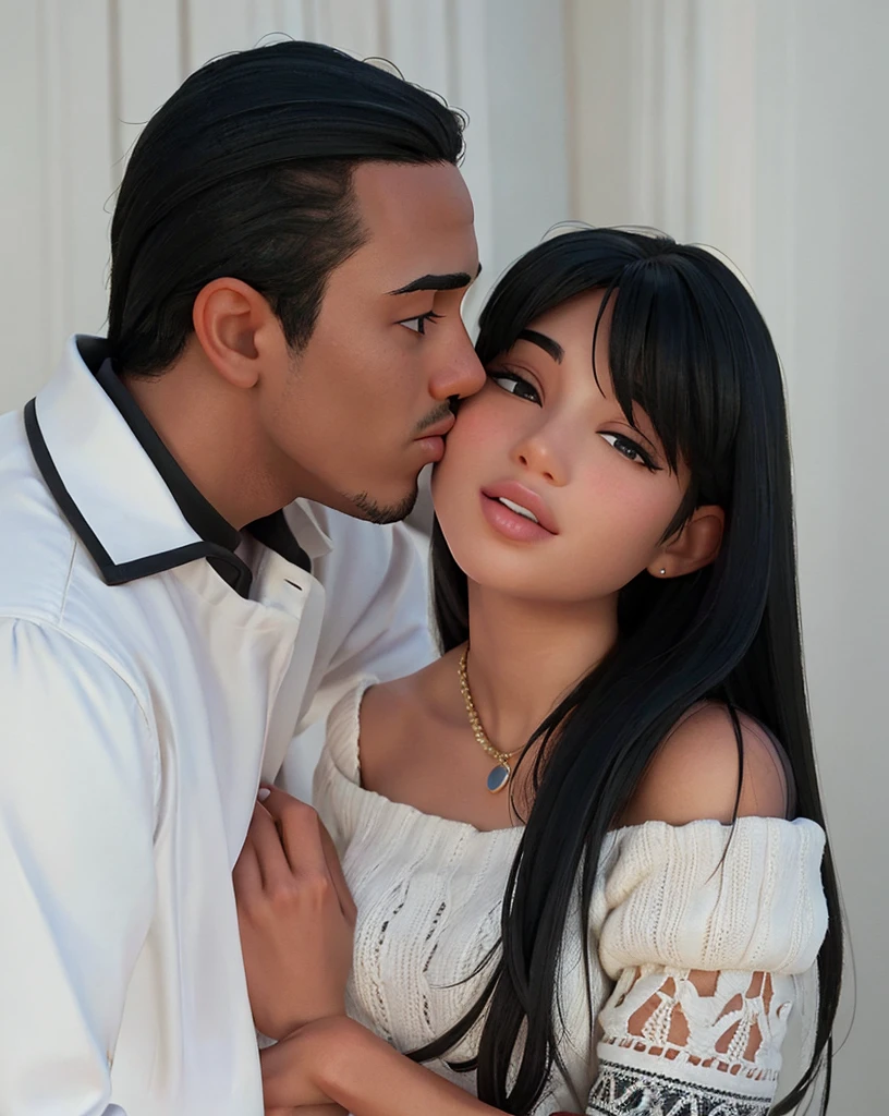 couple kissing, man with black hair, woman with long black hair