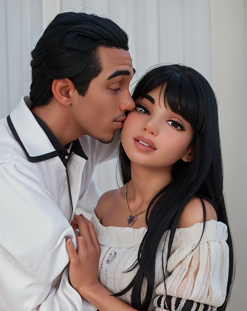 couple kissing, man with black hair, woman with long black hair