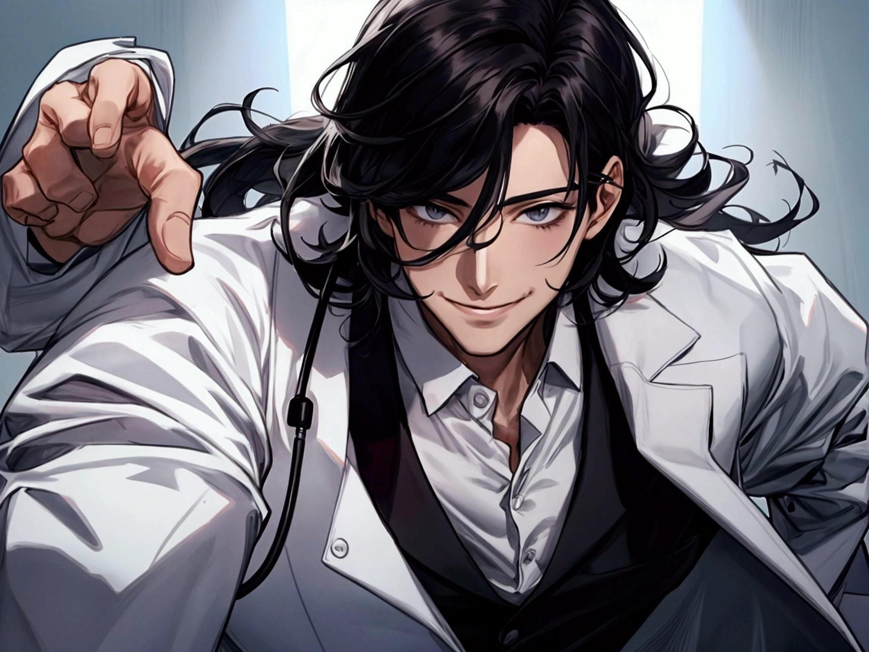 masterpiece,Dynamic Angle,Face close-up,masterpiece,30 year old mature male doctor,Horny,smile,One person、excited,transformation,Black Hair,Slightly longer hair, Scientist,Wear a white coat as a doctor's outfit,(White Undershirt 1.5),The background is the laboratory.,