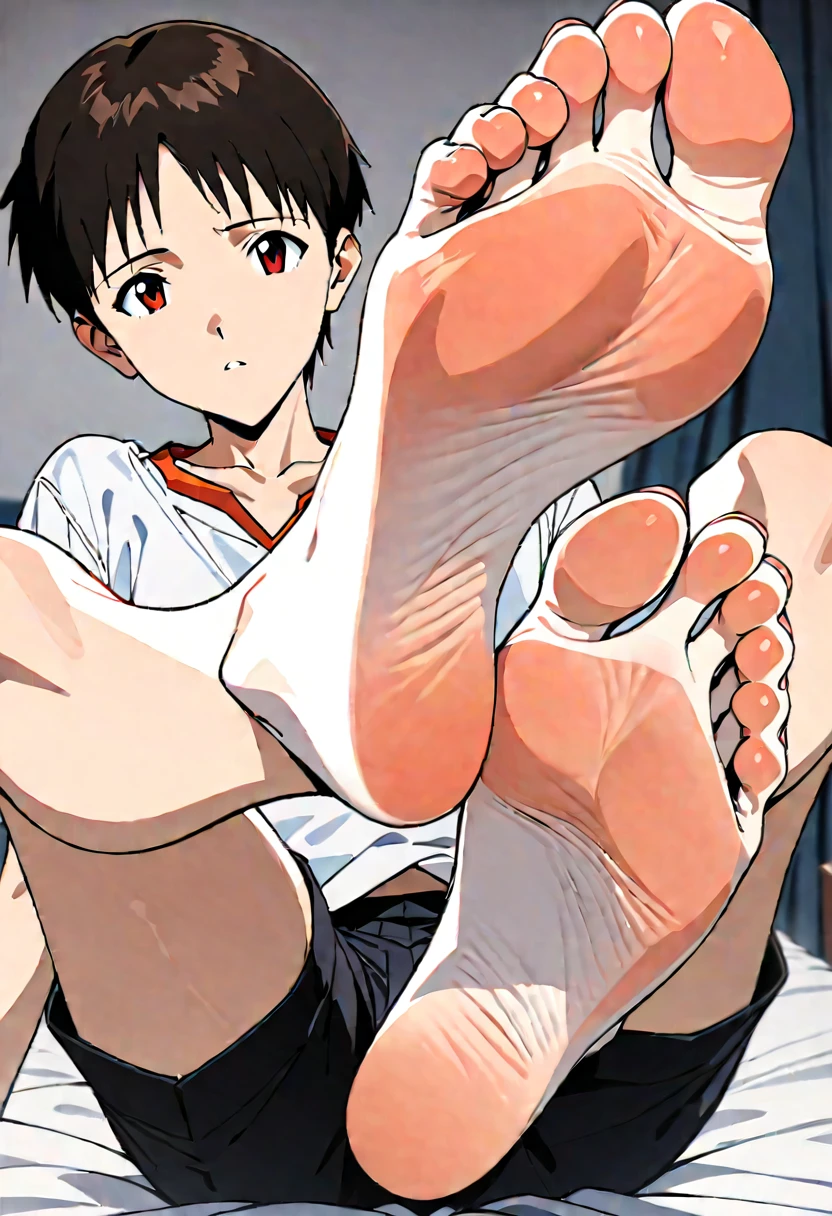 masterpiece, Highest quality, so beautiful, Absurd,Anatomically correct body,One boy, Male Focus, Ikari Shinji, Neon Genesis EVANGELION,View your viewers,White tank top,Black shorts,On the bed, Show the soles of your feet, Perfect legs, Five-toed feet, Feet Focus, Two legs, 2 feet