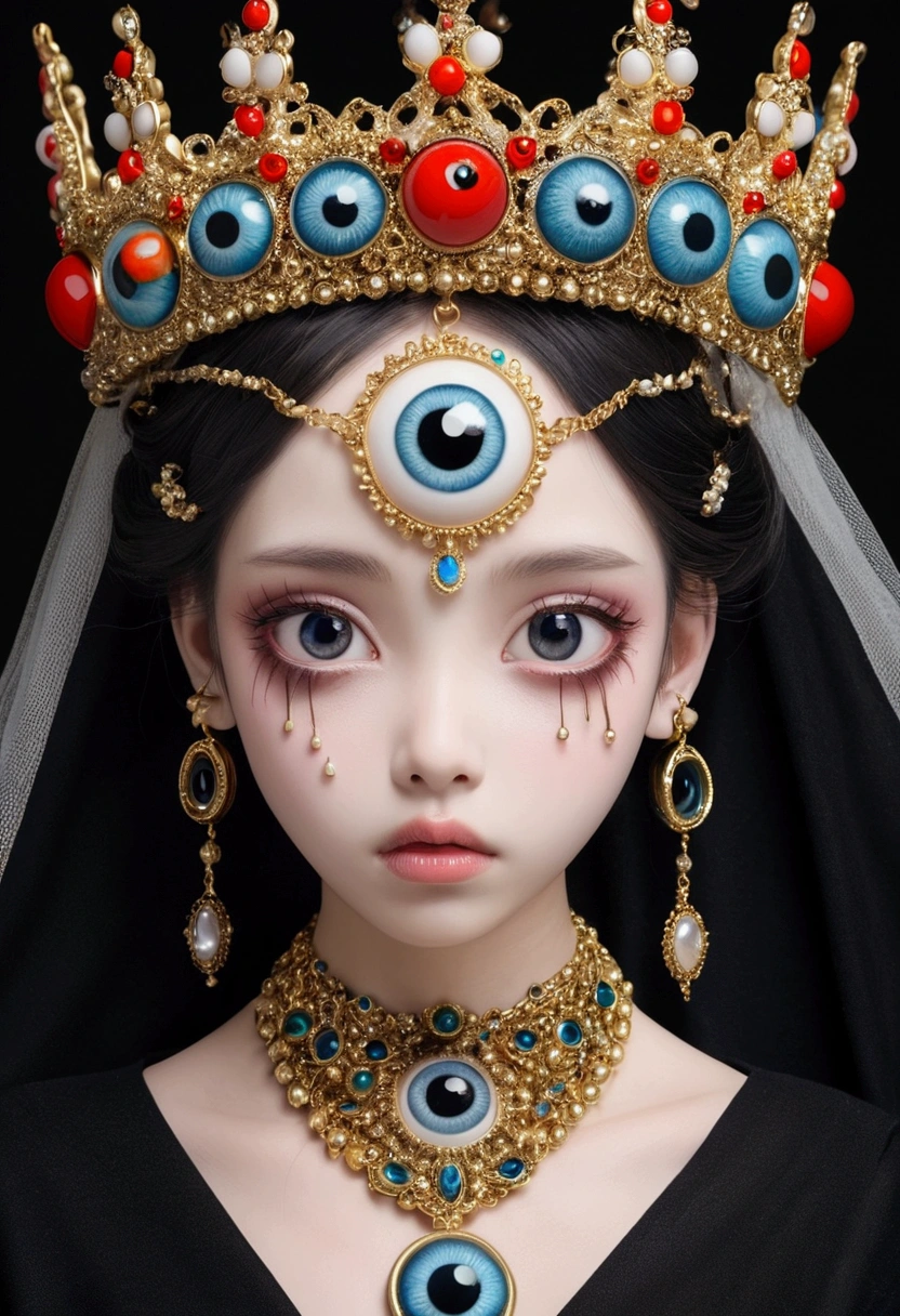 Grotesque Aesthetics：Girl with extra eyes，Tears，There are many eyeballs growing on the skin of the face，Eyeball Necklace，Eyeball Crown，Realistic eyeballs，teeth，Distorted face， Solitary，black background，crown，veil，Hands touch your face，3D eye bead necklace，
