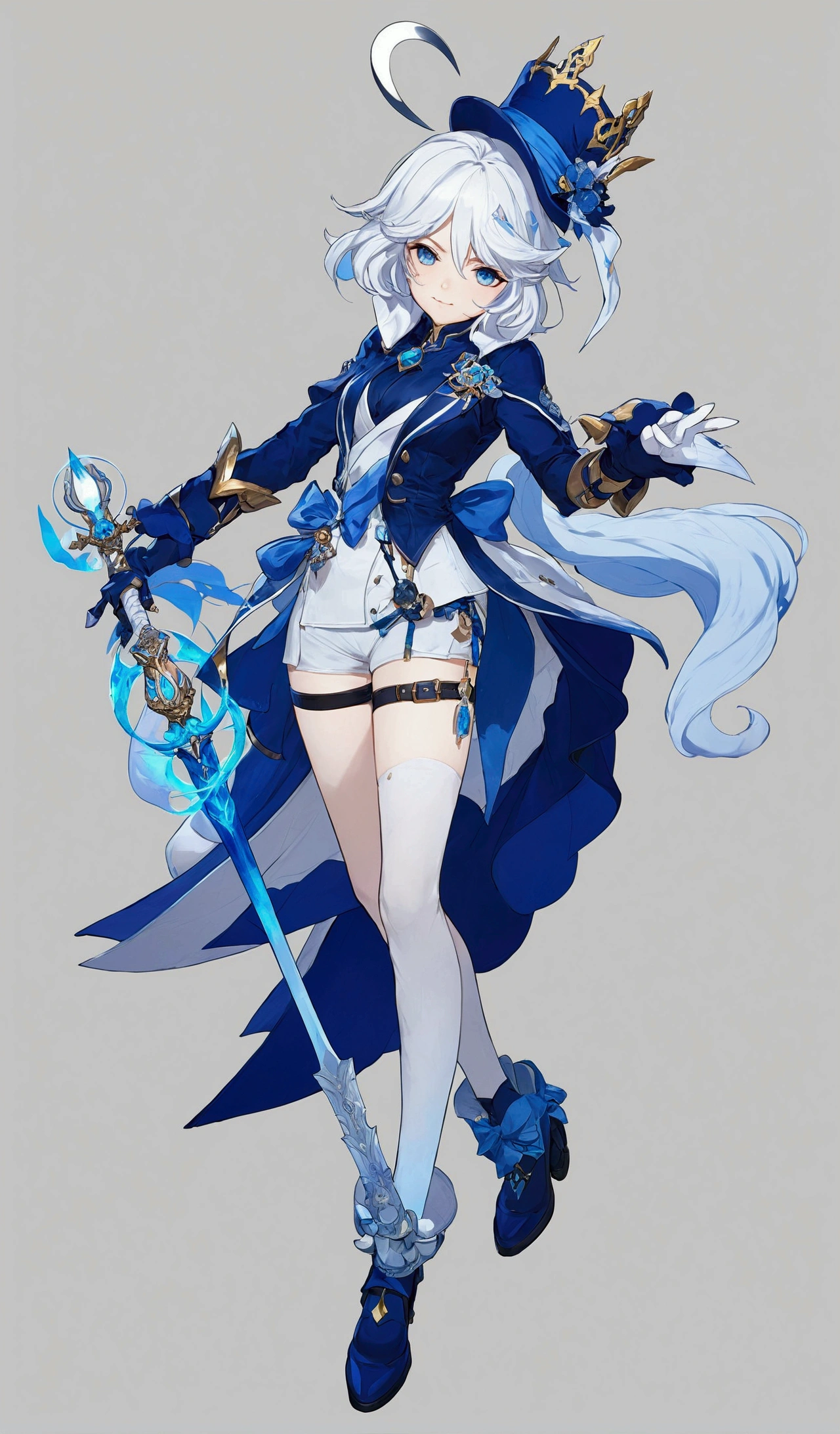 anime character dressed in blue and white with a sword and a hat, cushart krenz art key women, moon themed outfit, genshin impact character, full portrait of elementalist, Official character art, Ayaka Genshin Impact, ( ( character concept art ) ), genshin impact keqing, genshin, Full Body Xianxia, character artwork