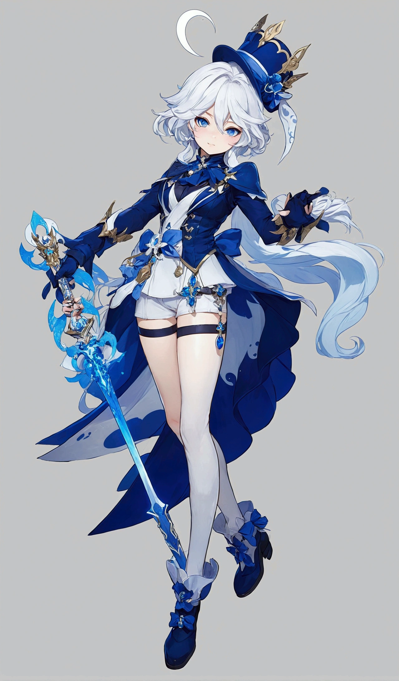 anime character dressed in blue and white with a sword and a hat, cushart krenz art key women, moon themed outfit, genshin impact character, full portrait of elementalist, Official character art, Ayaka Genshin Impact, ( ( character concept art ) ), genshin impact keqing, genshin, Full Body Xianxia, character artwork