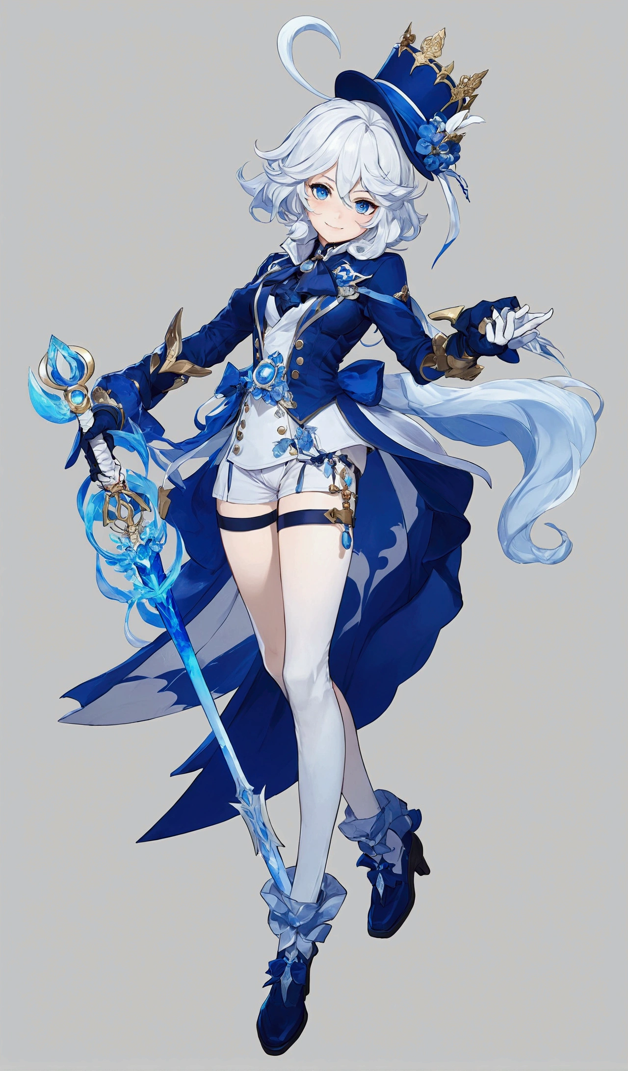 anime character dressed in blue and white with a sword and a hat, cushart krenz art key women, moon themed outfit, genshin impact character, full portrait of elementalist, Official character art, Ayaka Genshin Impact, ( ( character concept art ) ), genshin impact keqing, genshin, Full Body Xianxia, character artwork