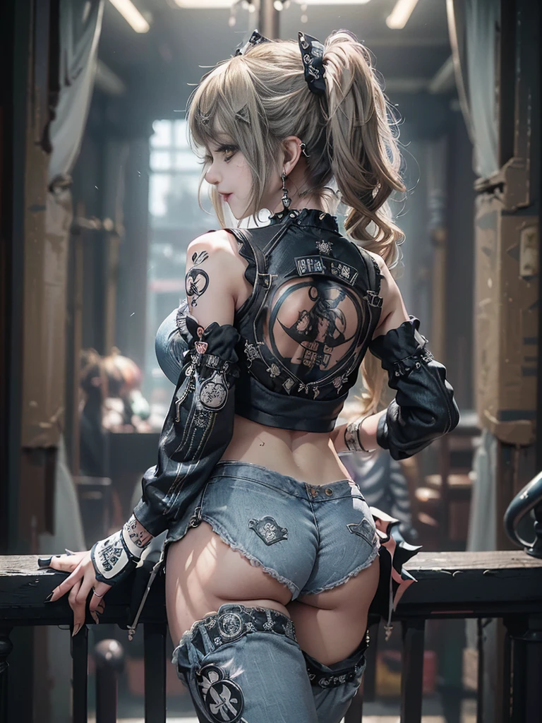 (Full Body View:1.3)、(Back view:1.4)、(Smiling with teeth showing:1.3),(Shibuya Gal:1.5)、(Gothic ta style fashion:1.5)、(Punk RockVisual Kei:1.5)、(Wearing a rhythmic gymnastics bodysuit with intricate details:1.4)、(Racing suit and pants with intricate decorations in white, denim and charcoal:1.5)、(Denim and light blue and white boots:1.3)、((belt))、(Numerous delicate logo marks all over the costume:1.4)、(collar:1.3)、(Striped underwear:1.5)、20-year-old、NSFW、((Highest quality、In 8K、masterpiece:1.3))、Sharp focus:1.2、(Layered Cut、Huge boobs:1.1),Beautiful woman with perfect figure:1.4、(Dancing vigorously:1.3)、Slender Abs:1.2、Highly detailed face and skin texture、Detailed eyes、double eyelid,(Twin tails:1.3)、(Brown-golden hair:1.3)、Gravure idol、(The background is a dance carnival:1.3)、(Slim Body:1.3),(Make your legs thinner:1.4),(clavicle:1.1)、(Thin and slim thighs:1.3)
