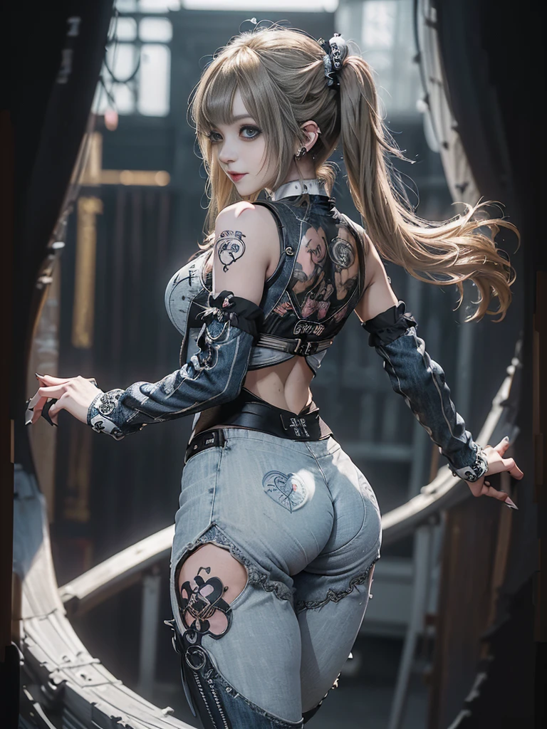 (Full Body View:1.3)、(Back view:1.4)、(Smiling with teeth showing:1.3),(Shibuya Gal:1.5)、(Gothic Lolita style fashion:1.5)、(Punk RockVisual Kei:1.5)、(Wearing a rhythmic gymnastics bodysuit with intricate details:1.4)、(Racing suit and pants with intricate decorations in white, denim and charcoal:1.5)、(Denim and light blue and white boots:1.3)、((belt))、(Numerous delicate logo marks all over the costume:1.4)、(collar:1.3)、(Striped underwear:1.5)、20-year-old、NSFW、((Highest quality、In 8K、masterpiece:1.3))、Sharp focus:1.2、(Layered Cut、Huge boobs:1.1),Beautiful woman with perfect figure:1.4、(Dancing vigorously:1.3)、Slender Abs:1.2、Highly detailed face and skin texture、Detailed eyes、double eyelid,(Twin tails:1.3)、(Brown-golden hair:1.3)、Gravure idol、(The background is a dance carnival:1.3)、(Slim Body:1.3),(Make your legs thinner:1.4),（clavicle:1.1）、(Thin and slim thighs:1.3)