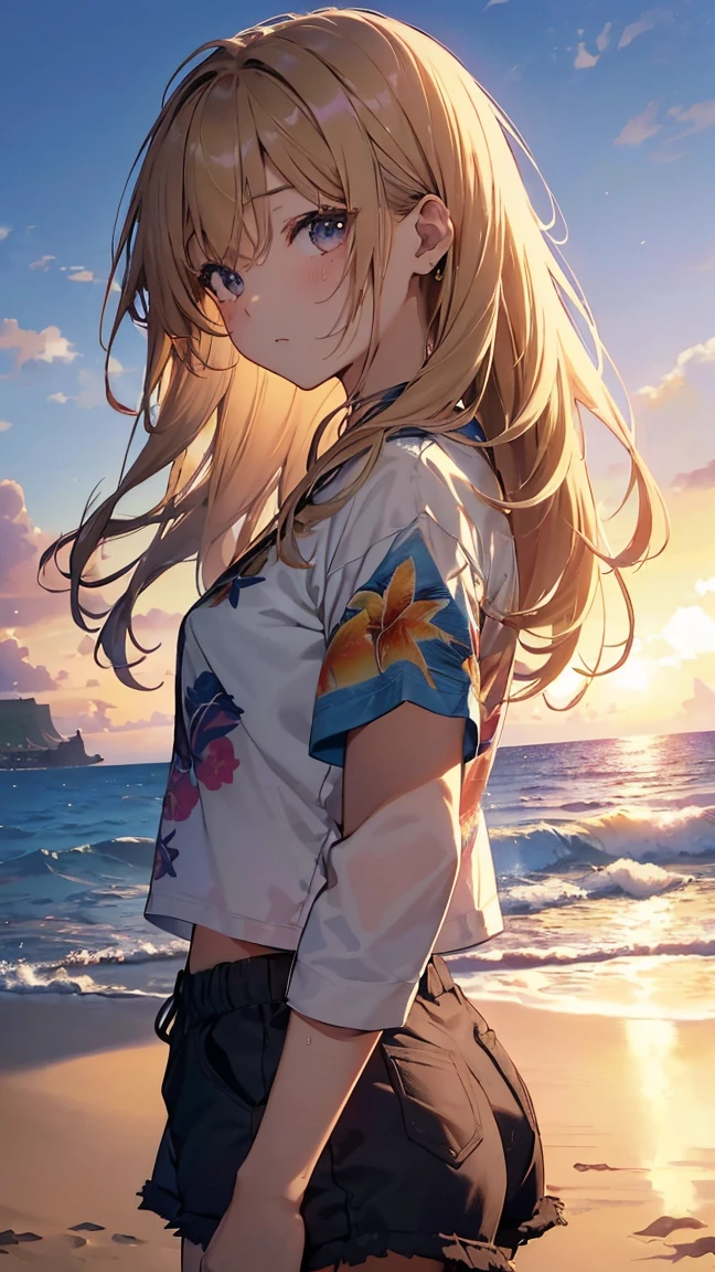 最high quality、Best image quality、masterpiece、age Girl((18-year-old、 By becoming、Best Bust、Medium Bust,Drink tea with your chest held high、black eye, Blonde、Habitual hairstyle、Long Hair、thin,Highest valley、Blue shorts、Attractive face、Heart Tattoo、Black Aloha Shirt、sweating、like、Sleeping on the ground、Hair blowing in the wind)),high quality、Beautiful art、background((Hawaii、Waikiki、Palm tree、Beach、sunset))flying debris、Written boundary depth、movie、Visual Arts、Perfect art、8k,Genuine