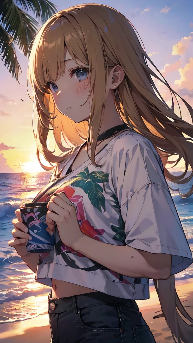 最high quality、Best image quality、masterpiece、age Girl((18-year-old、 By becoming、Best Bust、Medium Bust,Drink tea with your chest held high、black eye, Blonde、Habitual hairstyle、Long Hair、thin,Highest valley、Blue shorts、Attractive face、Heart Tattoo、Black Aloha Shirt、sweating、like、Sleeping on the ground、Hair blowing in the wind)),high quality、Beautiful art、background((Hawaii、Waikiki、Palm tree、Beach、sunset))flying debris、Written boundary depth、movie、Visual Arts、Perfect art、8k,Genuine