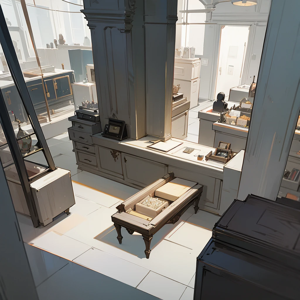 Drawing of the inside of a jewelry store with gray walls and a black counter
