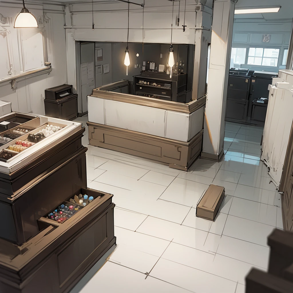 Drawing of the inside of a jewelry store with gray walls and a black counter