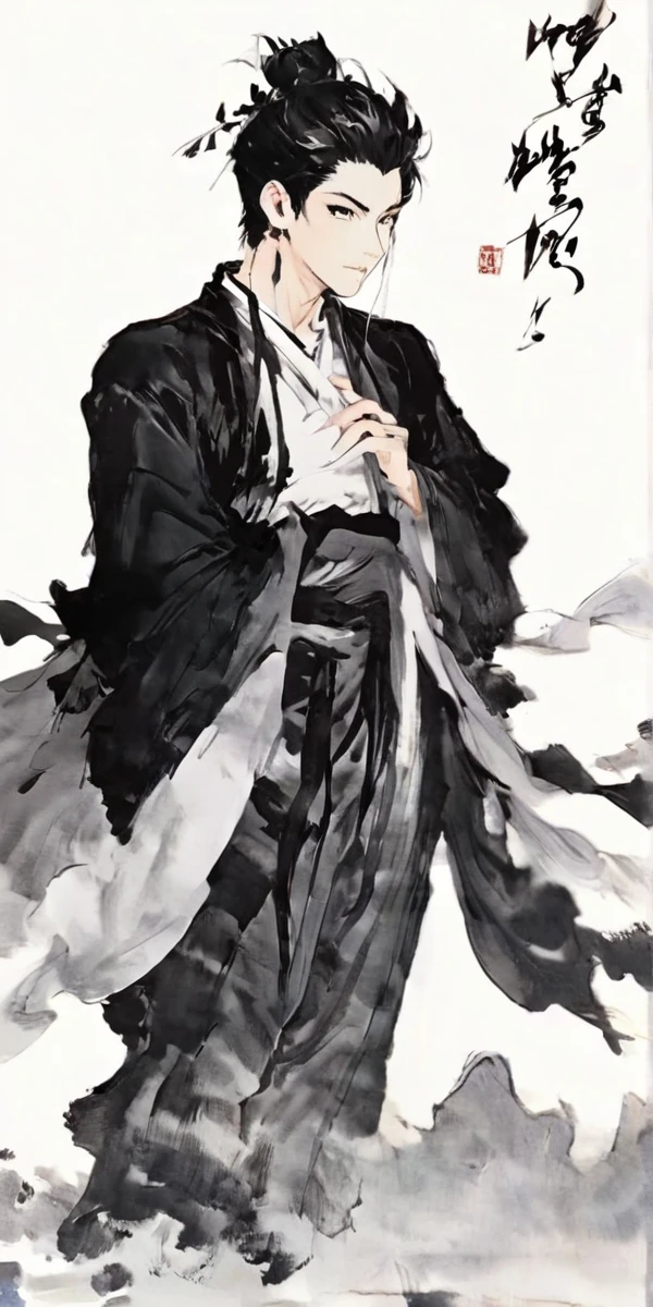 Bokuto from haikyuu, Movie light, fashion, top light, close-up, close-up, spotlight, hazy, Chen family cold, ink portrait, Bokuto Kotaro from haikyuu,Bokuto Kotaro from haikyuu,Strong and masculine body with gorgeous clothing china ,Line Art,Chinese ink ,Chinese ink