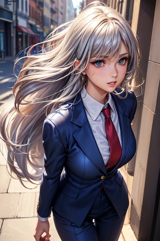 #Basics A girl is posing for a photo, animeのかわいい女の子, (((One Girl)), ((Baby Face)), ((Young girl)), ((16 years old))),
BREAK
#Clothing Accessories
((Blue Business Suit : White dress shirt + Red tie + Blue suit vest + blue suit jacket + Gold border + Blue suit slacks), Black high heels),
Gold hoop earrings, Silver Necklace,
BREAK
#Features
((Silver Hair)), (Curly hair), (Long Hair : Long Hair + Fuller, more voluminous hair + Inwardly curled hair + Hair blowing in the wind),
(Very thin eyebrows:0.5),
(Droopy eyes, blue eyes), (Small breasts),
BREAK
#background environment
(noon、(Sunlit office district, Sidewalk, congestion, Building district)),
#Facial Expression Pose
((smile (A powerful and confident walking pose)),
#composition
((Face the camera, Angle from the front, head shot:1.4)),
BREAK
#Body parts elements
(Detailed hair, Beautiful Hair, Shiny Hair),
(double eyelid, Long eyelashes),
(Expression of fine eyes, Beautiful and delicate eyes, Sparkling eyes, Eye Reflexes, Glitter Eyeliner),
(Human Ear),
(Beautiful Nose, Thin Nose),
(Glossy lips, Beautiful Lips, Thick lips, Glossy Lips, Natural Cheeks),
(Detailed face, Symmetrical facial features),
(Detailed skin, Textured skin, Beautiful Skin, Shiny skin),
BREAK
#Quality
(((Highest quality)), ((masterpiece)), ((Very detailed))), ((High resolution), (16K,1080P)),
(Realistic), (Anatomically correct),
((comics, anime)), (3DCG), CG illustration,