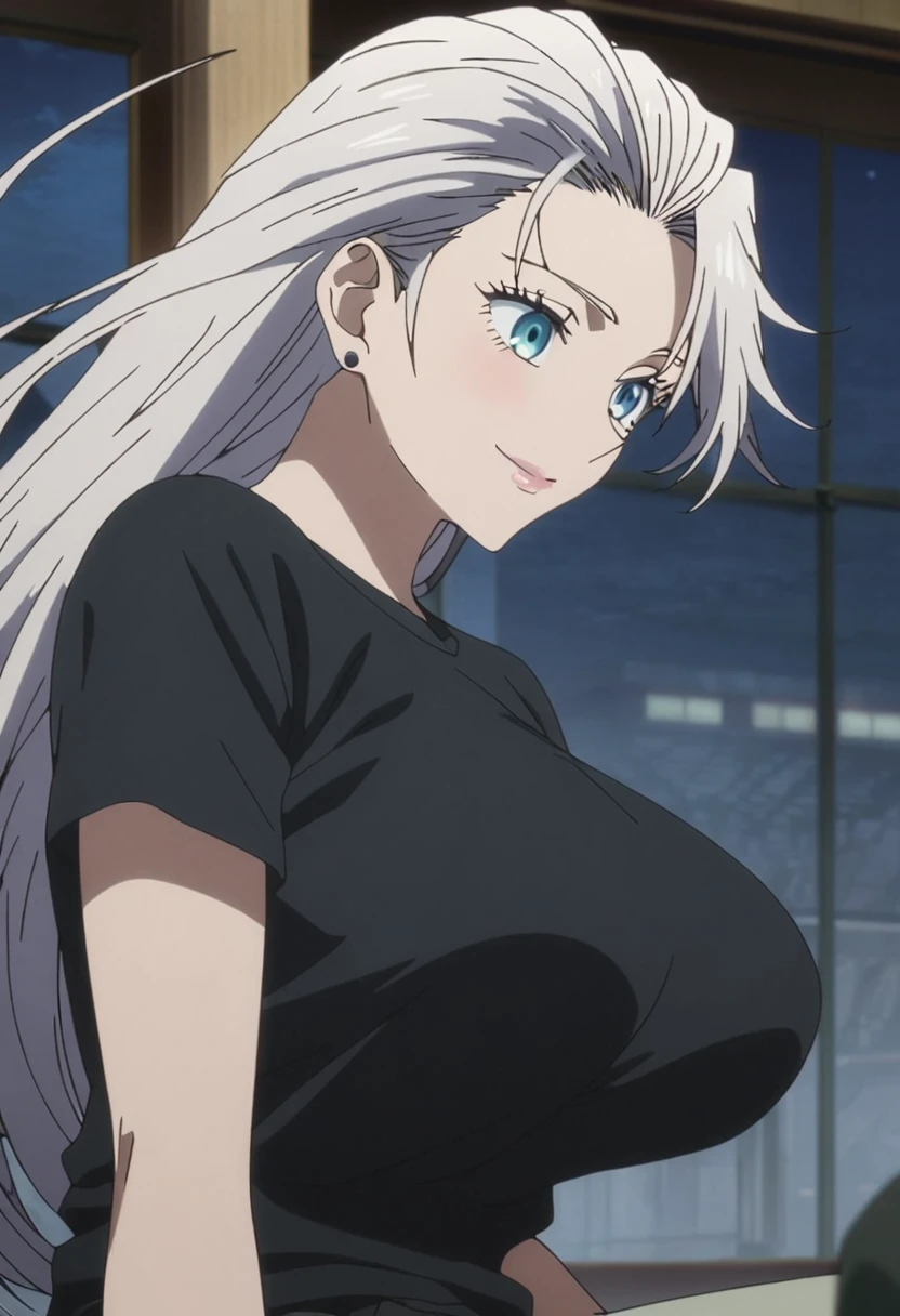 1girl, female gojo satoru, anime screencap from jujutsu kaisen, gojo satoru female version, solo, long_hair ((White_hair, hair slicked from one side)), night view, (hanging breasts) upper_body, smile, indoors, lips, (long hair) ((wearing black colour t shirt and pant)) breast, "very detailed and high resolution"  ((solo)) (((front view))) (earings) ((high resolution)) ((good quality)) ((silky hair, hair slicked from one side)) ((sitting))