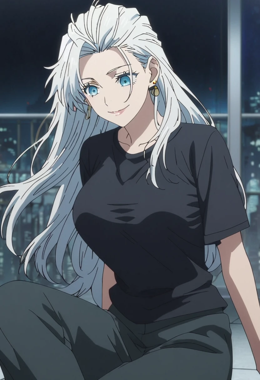 1girl, female gojo satoru, anime screencap from jujutsu kaisen, gojo satoru female version, solo, long_hair ((White_hair, hair slicked from one side)), night view, (hanging breasts) upper_body, smile, indoors, lips, (long hair) ((wearing black colour t shirt and pant)) breast, "very detailed and high resolution" ((solo)) (((front view))) (earings) ((high resolution)) ((good quality)) ((silky hair, hair slicked from one side)) ((sitting))