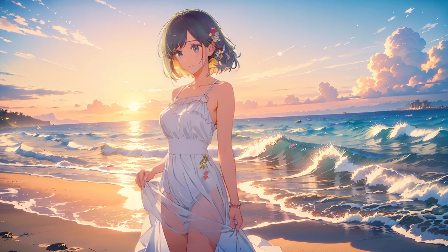 (Highest quality:1.4、masterpiece:1.4、Super detailed:1.4、8k:1.4)、Young woman standing on the beach at sunset。The sun's warm light bathes the entire scene.。Her long flowing hair was decorated with white flowers、She is wearing a delicate white dress that flutters in the breeze.。The dress has intricate lace detailing and a fitted bodice。Her expression is calm and satisfied、Gazing towards the horizon。The beach and ocean are beautifully illuminated in golden hues.、The waves are gently pulling against the shore。The light reflections and bokeh effects create a dreamy atmosphere.。The overall mood is peaceful and romantic.、Capturing moments of quiet reflection and natural beauty。