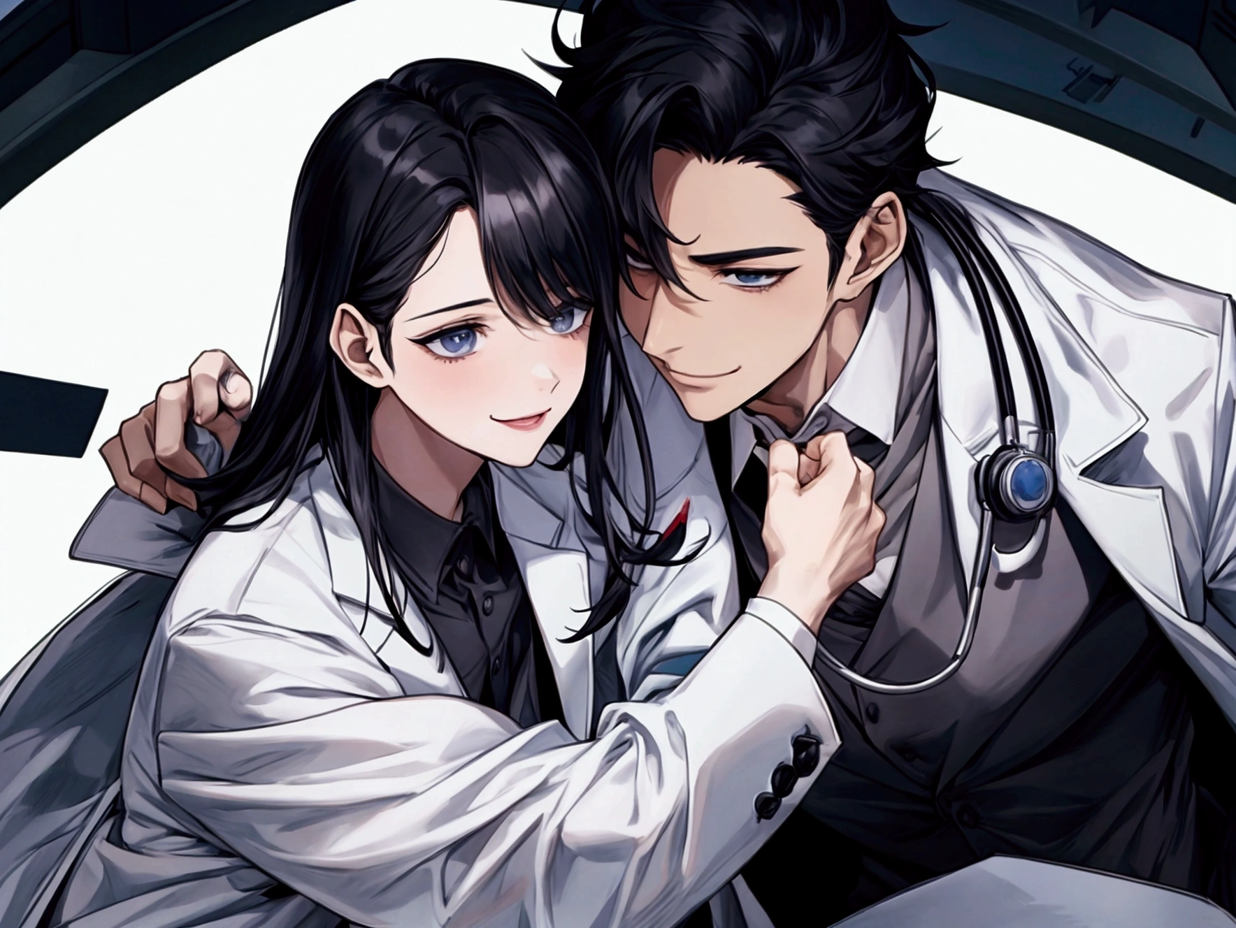 masterpiece,Dynamic Angle,Face close-up,masterpiece,30 year old mature male doctor,Horny,smile,One person、excited,transformation,Black Hair,Slightly longer hair, Scientist,Wear a white coat as a doctor's outfit,(White Undershirt 1.5),(The background is the laboratory.),