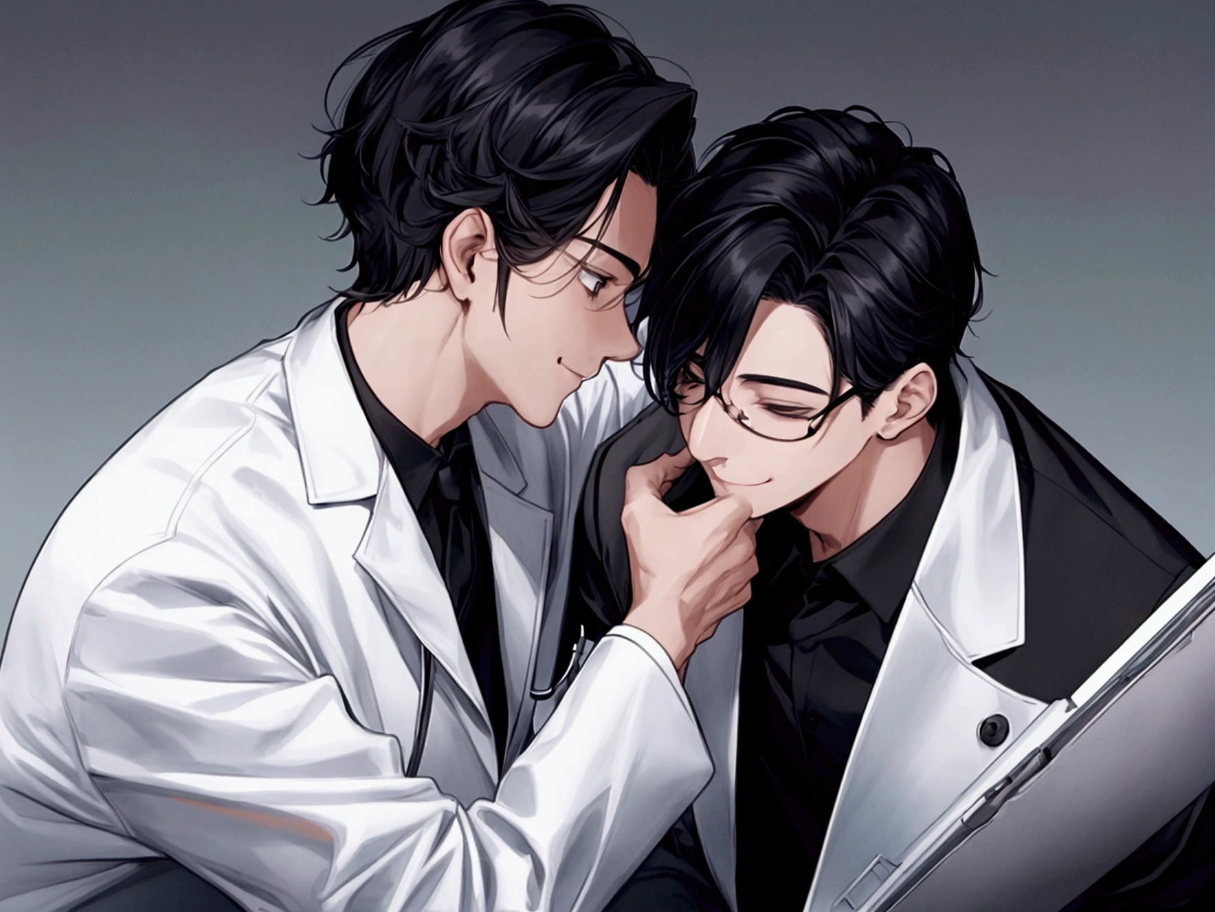 masterpiece,Dynamic Angle,Face close-up,masterpiece,30 year old mature male doctor,Horny,smile,One person、excited,transformation,Black Hair,Slightly longer hair, Scientist,Wear a white coat as a doctor's outfit,(White Undershirt 1.5),(The background is the laboratory.),