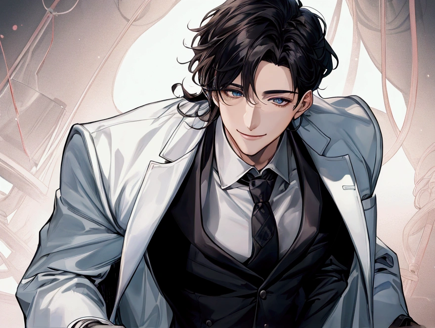 masterpiece,Dynamic Angle,Face close-up,masterpiece,30 year old mature male doctor,Horny,smile,One person、excited,transformation,Black Hair,Slightly longer hair, Scientist,Wear a white coat as a doctor's outfit,(White Undershirt 1.5),(The background is the laboratory.),