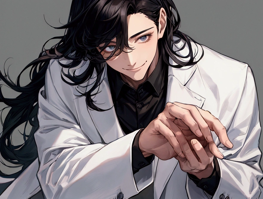 masterpiece,Dynamic Angle,Face close-up,masterpiece,30 year old mature male doctor，Horny,smile,One person、excited,transformation,Black Hair,Slightly longer hair, Scientist,Wear a white coat as a doctor&#39;s outfit，（White Undershirt 1.5）,(The background is the laboratory.),