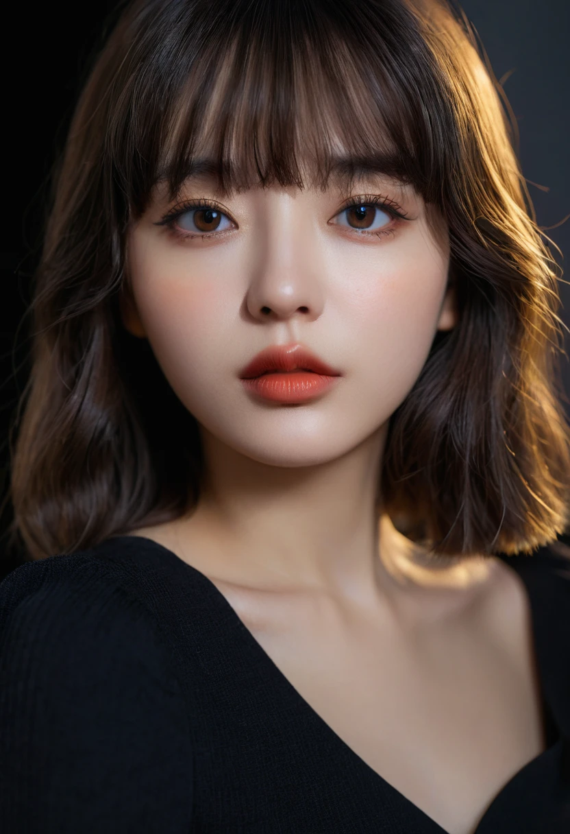 8K, best quality, 1 Girl, (Skin Indentation), night, (dark), Indoor clear background, (people), Beautiful bangs, Gorgeous,, (Clothing and:1.3),Soft lighting, attractive, dark Room, (mouth close:1.2, beautiful eyes, Delicate eyes, Detailed iris, Beautiful lips, Beautiful nose, Pretty Face),(primary color:1.5)