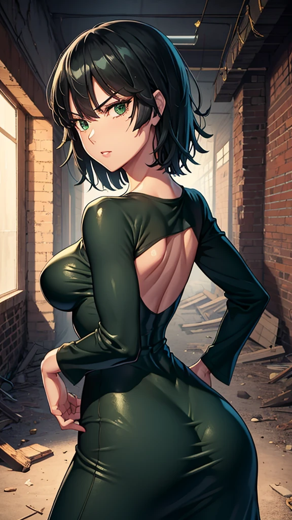 (Highest quality,8k,32k,masterpiece,Hyper HD),One woman,fubuki, Perfect body,Highly detailed face,Large Breasts,Black Hair,Green clothes,Very tight one-piece dresses、cowboy shot, In an abandoned warehouse, sexy pose, bewitching pose, arched back, hands on hips