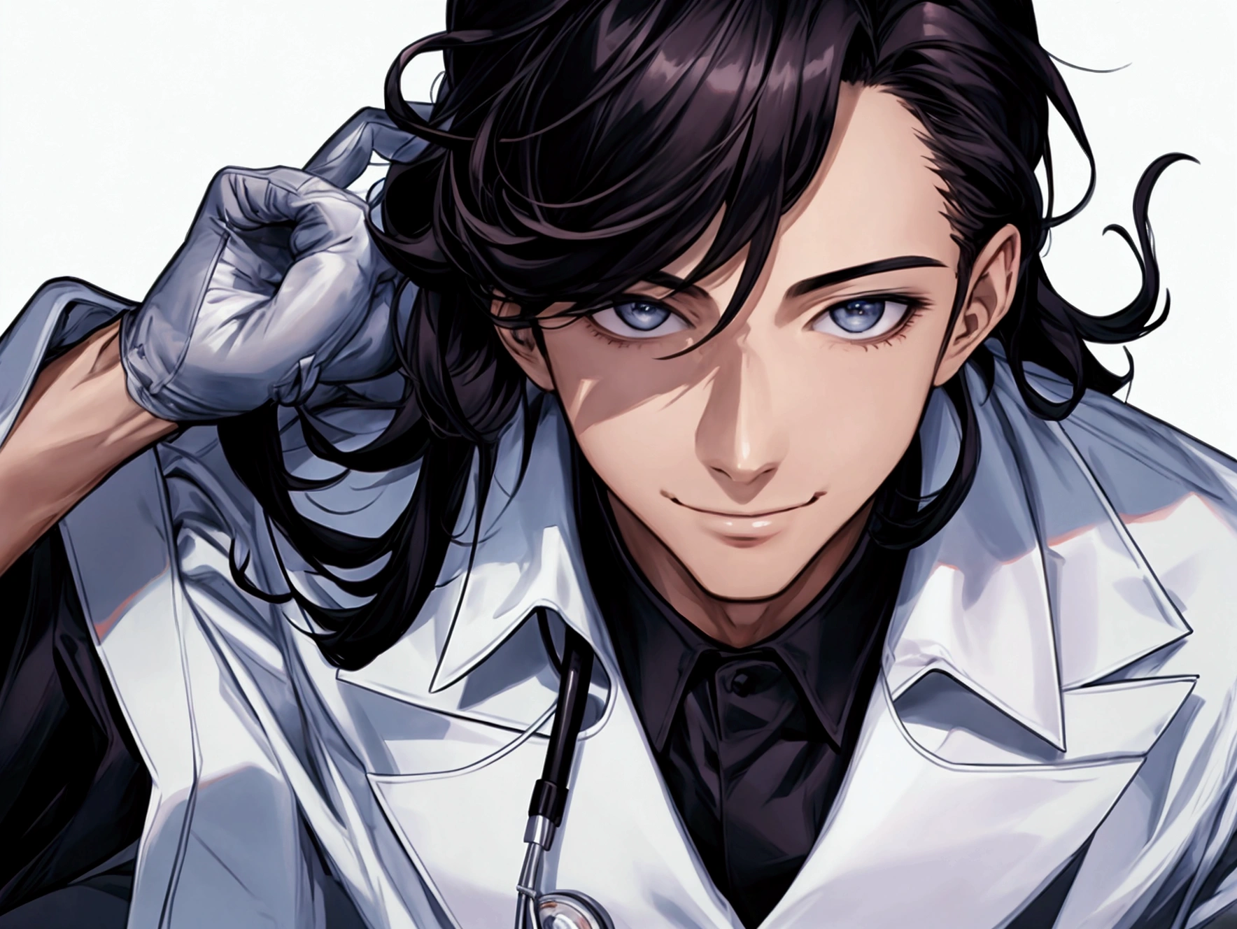 masterpiece,Dynamic Angle,Face close-up,masterpiece,30 year old mature male doctor，Horny,smile,One person、excited,transformation,Black Hair,Slightly longer hair, Scientist,Wear a white coat as a doctor&#39;s outfit，（White Undershirt 1.5）,(The background is the laboratory.),