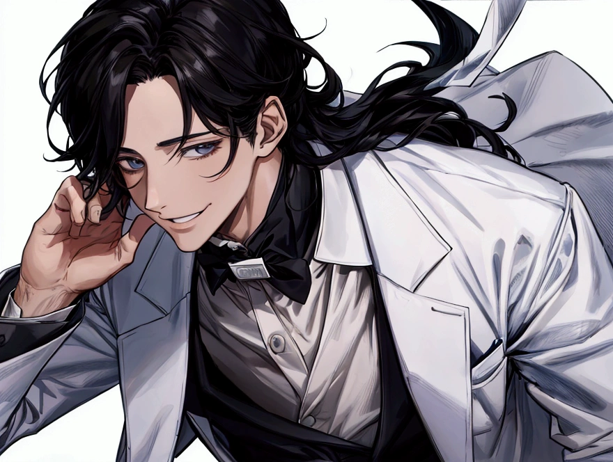 masterpiece,Dynamic Angle,Face close-up,masterpiece,30 year old mature male doctor，Horny,smile,One person、excited,transformation,Black Hair,Slightly longer hair, Scientist,Wear a white coat as a doctor&#39;s outfit，（White Undershirt 1.5）,(The background is the laboratory.),