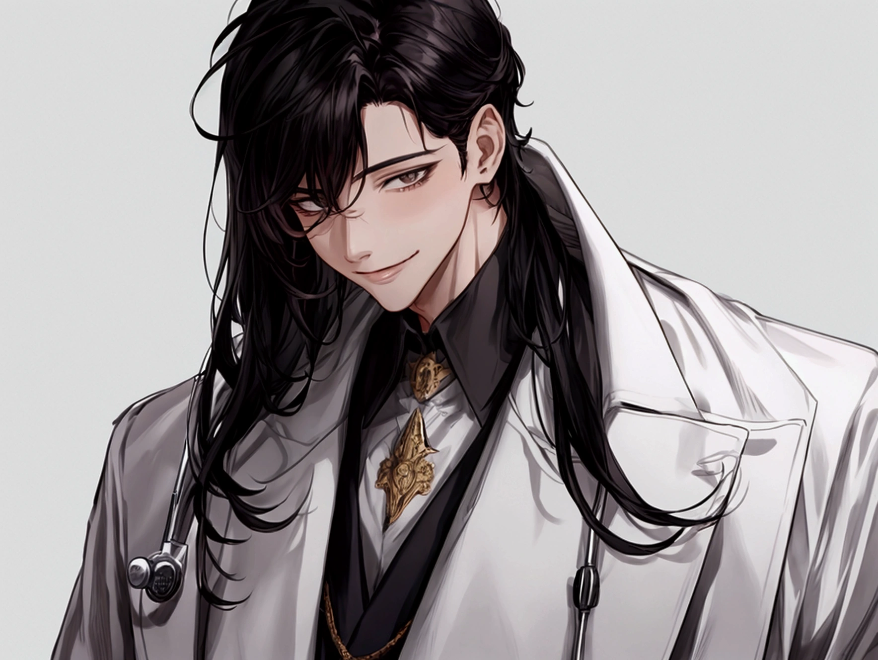 masterpiece,Dynamic Angle,Face close-up,masterpiece,30 year old mature male doctor,Horny,smile,One person、excited,transformation,Black Hair,Slightly longer hair, Scientist,Wear a white coat as a doctor's outfit,(White Undershirt 1.5),(The background is the laboratory.),