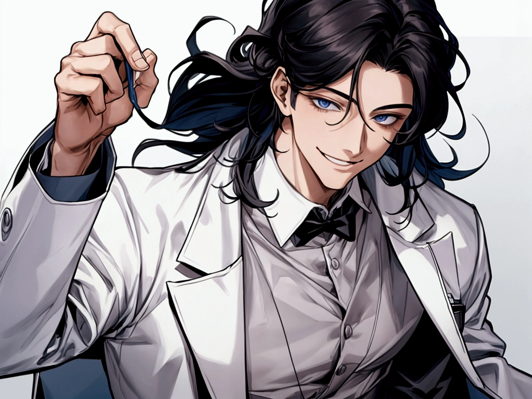 masterpiece,Dynamic Angle,Face close-up,masterpiece,30 year old mature male doctor,Horny,smile,One person、excited,transformation,Black Hair,Slightly longer hair, Scientist,Wear a white coat as a doctor's outfit,(White Undershirt 1.5),(The background is the laboratory.),