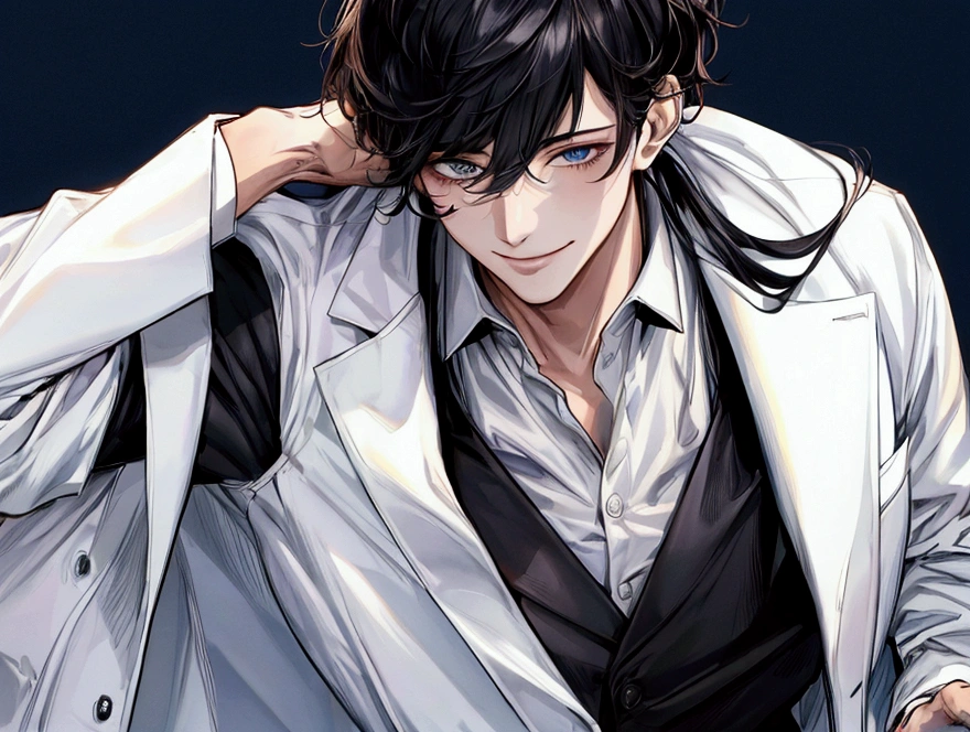 masterpiece,Dynamic Angle,Face close-up,masterpiece,30 year old mature male doctor,Horny,smile,One person、excited,transformation,Black Hair,Slightly longer hair, Scientist,Wear a white coat as a doctor's outfit,(White Undershirt 1.5),(The background is the laboratory.),