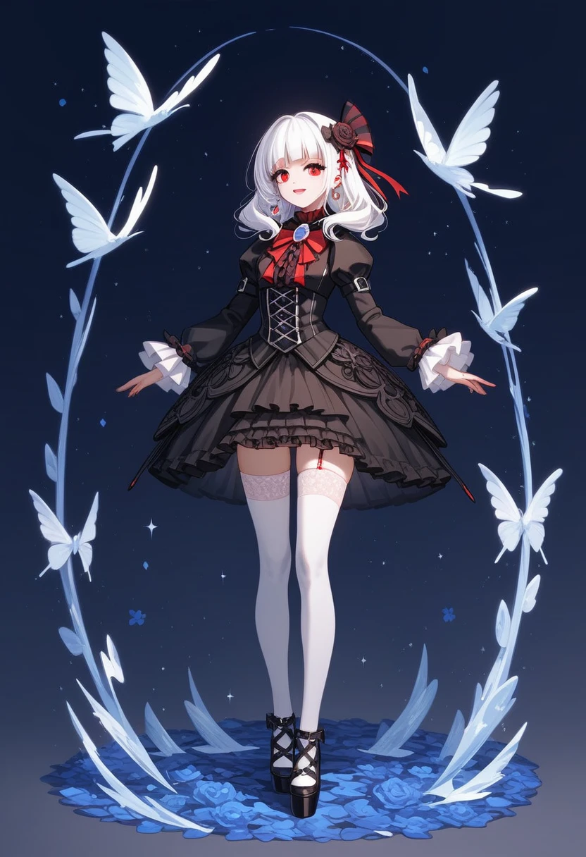 masterpiece, top-quality, ​masterpiece, top-quality,ighly detailed,{top-quality}, {{​masterpiece}}, {hight resolution},original, {extremely delicate and beautiful},​masterpiece, top-quality,ighly detailed,{top-quality},white hair, gothic lolita, full body, standing, white thighhighs, short dress, black dress,