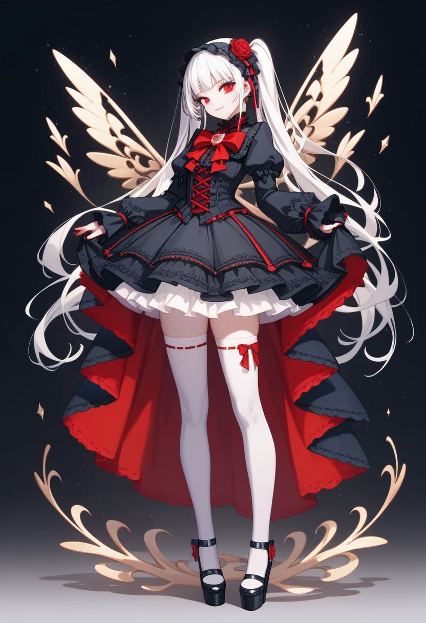  ((best quality)), ((masterpiece)), (detailed), 1girl, Character design, female, dynamic poses, long white grey hair, grey white eyes, very skinny, detailed, best quality, no accesoires around the neck, no shoes, prominent collarbones, skinny arms, flat stomach, visible hip bones, full body, blank white background, plain background, white background, red and white clothing, Bloodborne inspired, occult aesthetic, occult, detailed and intricate steampunk and detailed gothic, NSFW, Very dramatic and cinematic lighting, cosmic horror, grim-dark, side-lighting, perfect face, NSFW, Fluttering lace flared long knee length dress with frilly petticoats, knee length dress, pleated petticoats, petticoats gothic, complex lace boots, side-lighting, gothic aesthetic, wielding a mighty sword with mechanical components, mandalas, small breasts, a fairy, various different types of insect wings, NSFW, full body, whole body, body, plain background, white background, blank background, no background, white background NSFW, chains, full body, whole body, head-to-toe NSFW 