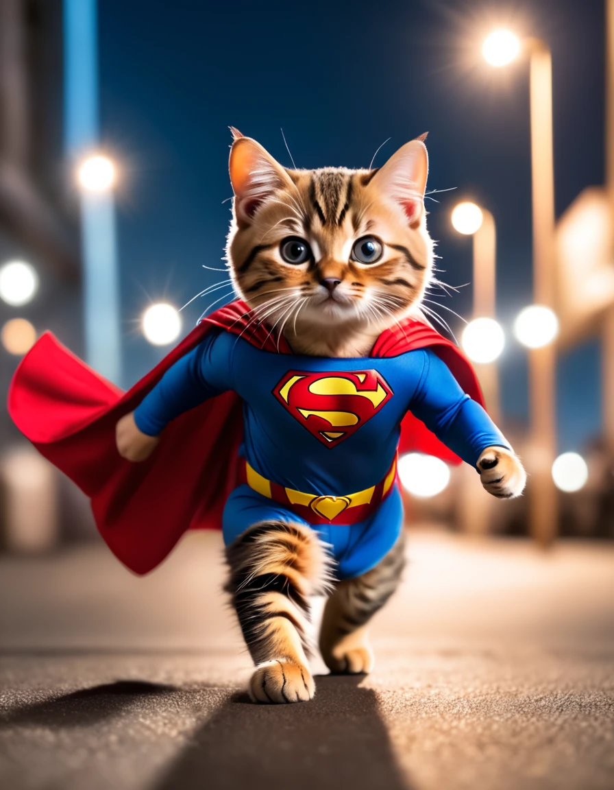 Short-footed cat, ((Superman costume)), Spectacular sights, Dynamic Camera, Backlight, (closure:1.2), High-quality photos, Three-point lighting, Flash with softbox, 4K, Canon EOS R3, high resolution, Smooth, Clear focus, high resolution, Award-winning photos, 80 mm, F2.8, Bokeh