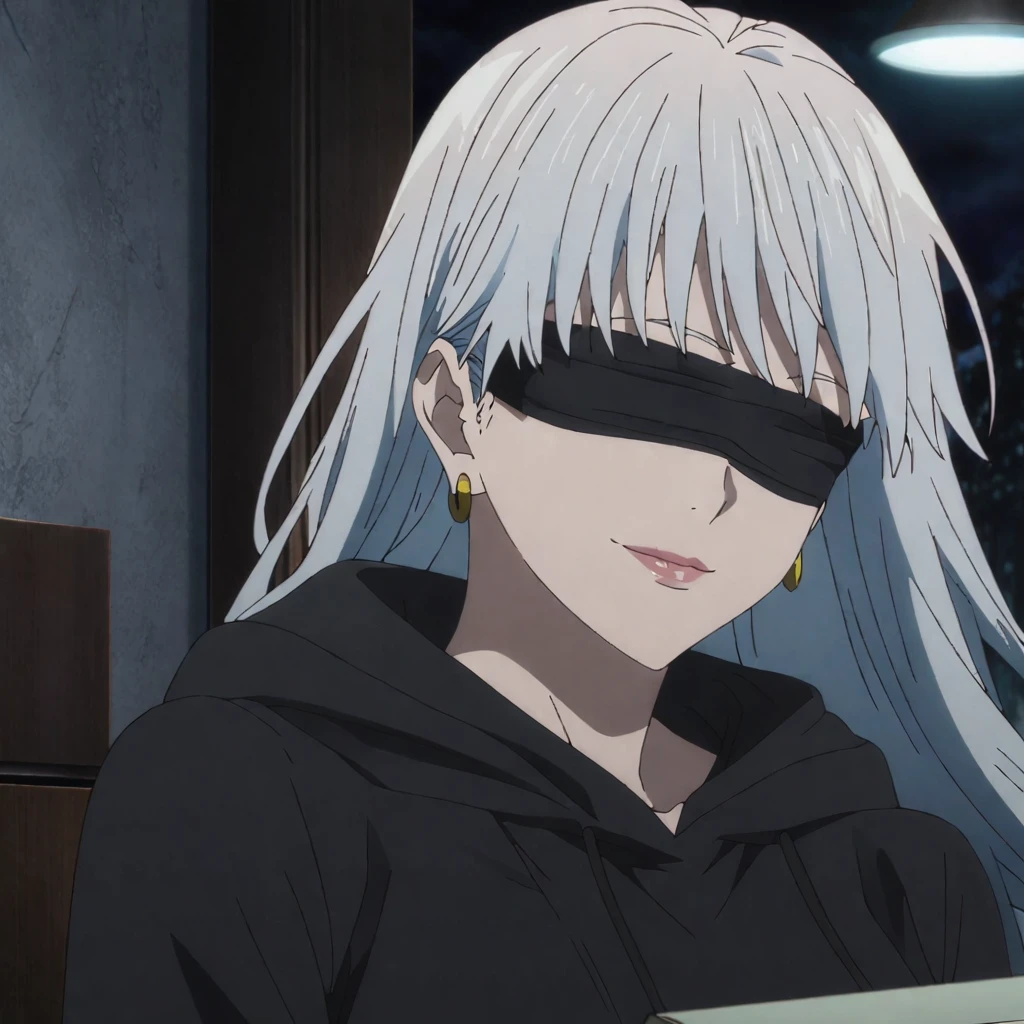 1girl, female gojo satoru, anime screencap from jujutsu kaisen, gojo satoru female version, solo, long_hair, ((wearing black blindfold)) ((White_hair)), night view, (hanging breasts) upper_body, smile, indoors, book, lips, (long hair) ((wearing black colour hoodie )) breast, "very detailed and high resolution" (black blindfold) ((solo)) (((front view))) (earings) ((high resolution)) ((good quality)) ((silky hair))